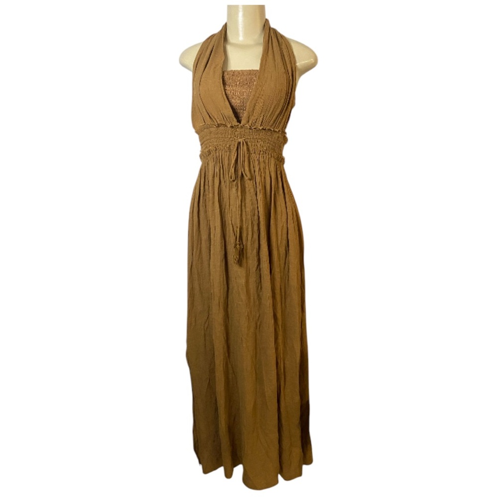 Maxi Dress Gauzy Halter Toffee Medium/ Large Distressed Hem Fairy Boho Whimsical